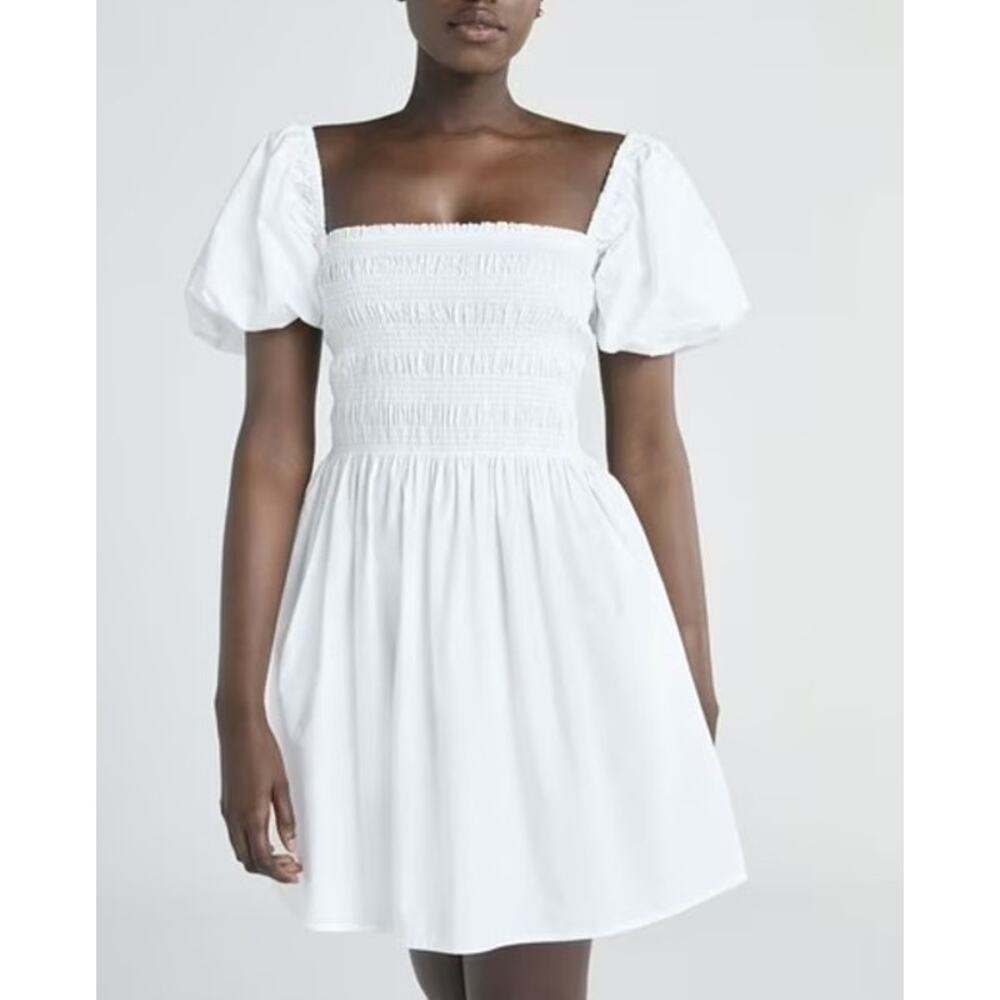 Sun Deh Short Puff Sleeve Smocked Cotton Mini Dress White Medium